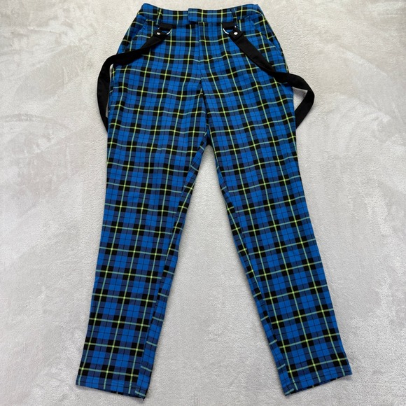 Hot Topic Pants Women's Small Plaid Suspender Jumpsuit Trouser Blue Black Yellow - Picture 2 of 12
